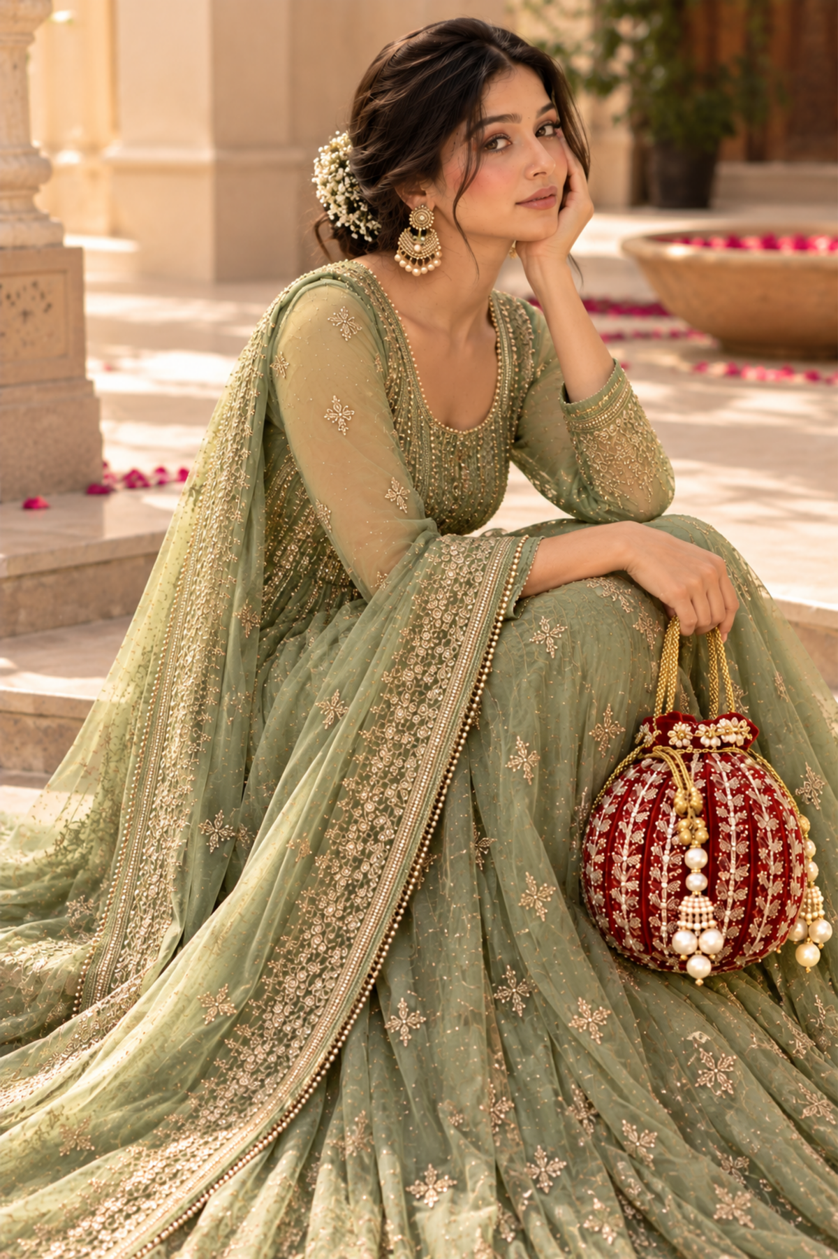 Maroon Embroidered Pearl Potli Bag