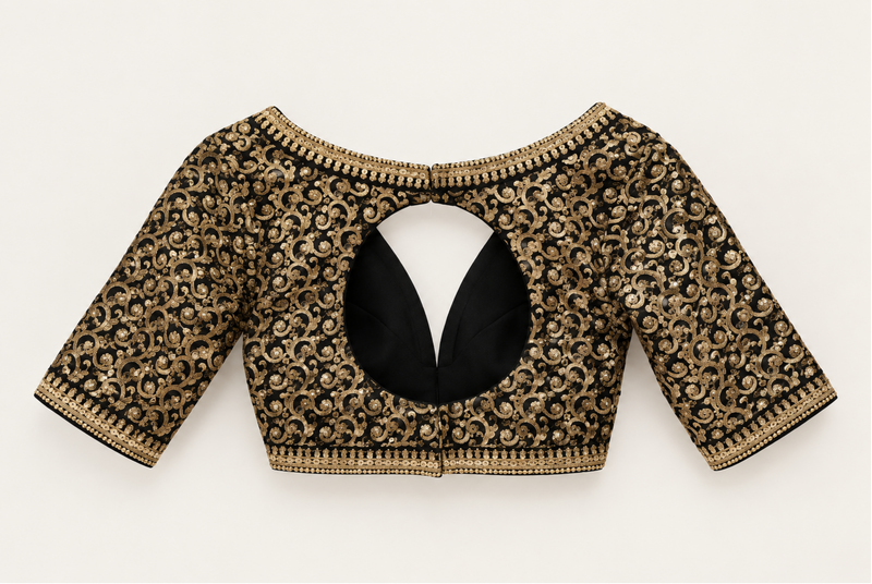 Black & Gold Embroidered V-Neck Blouse