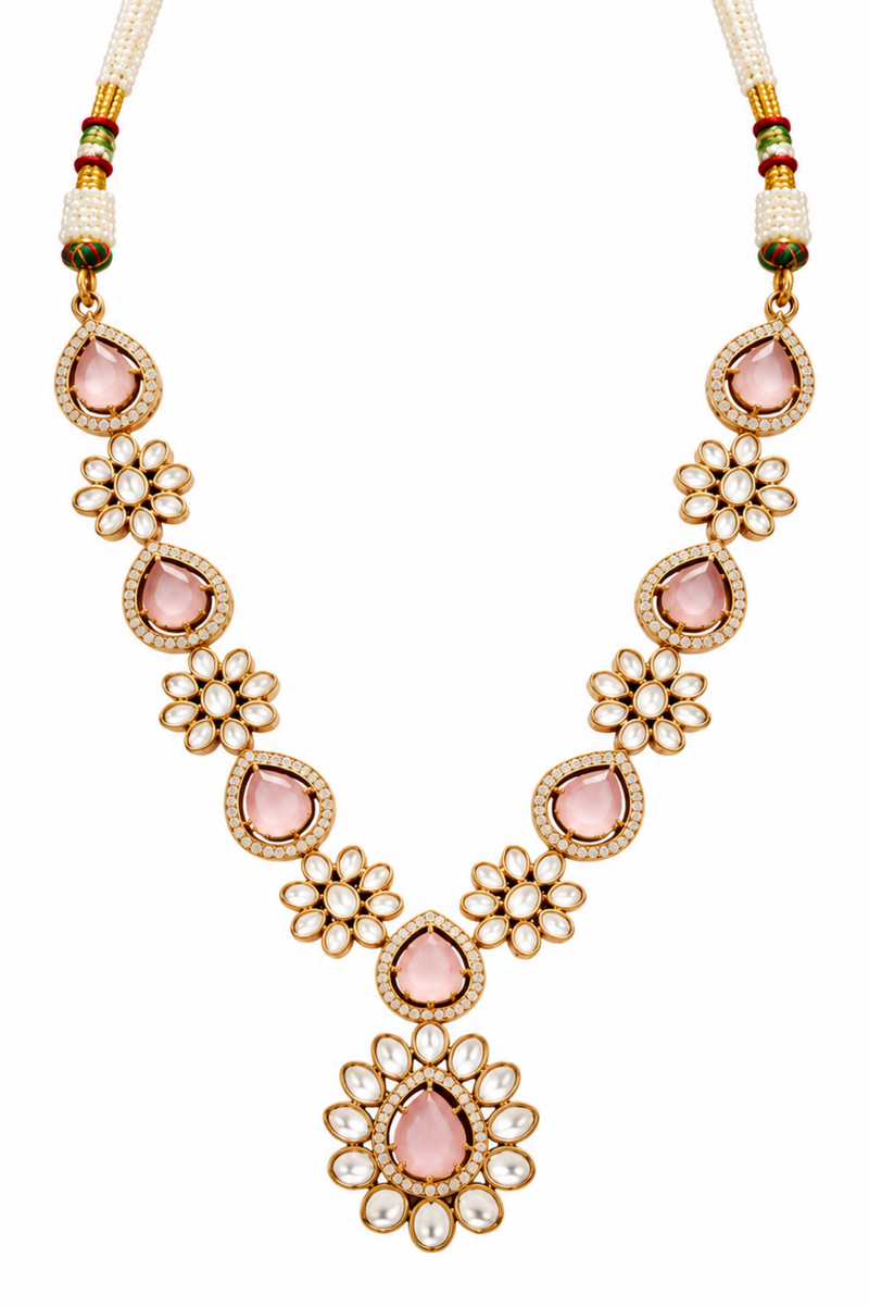 Rose Quartz Floral Necklace & Earring Set