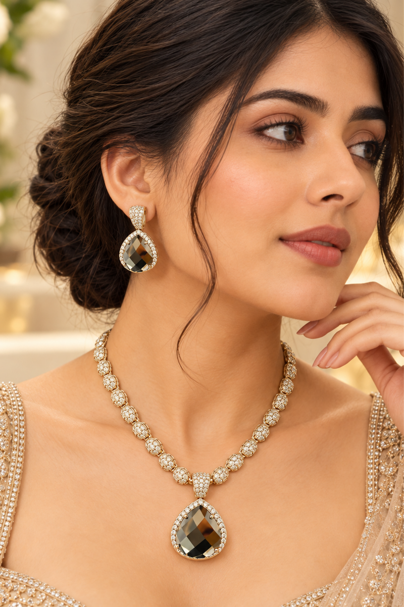 Champagne Crystal Teardrop Necklace & Earring Set