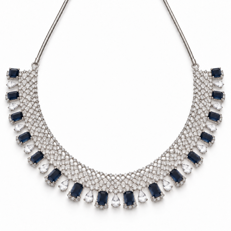 Silver Crystal & Sapphire Blue Necklace Set