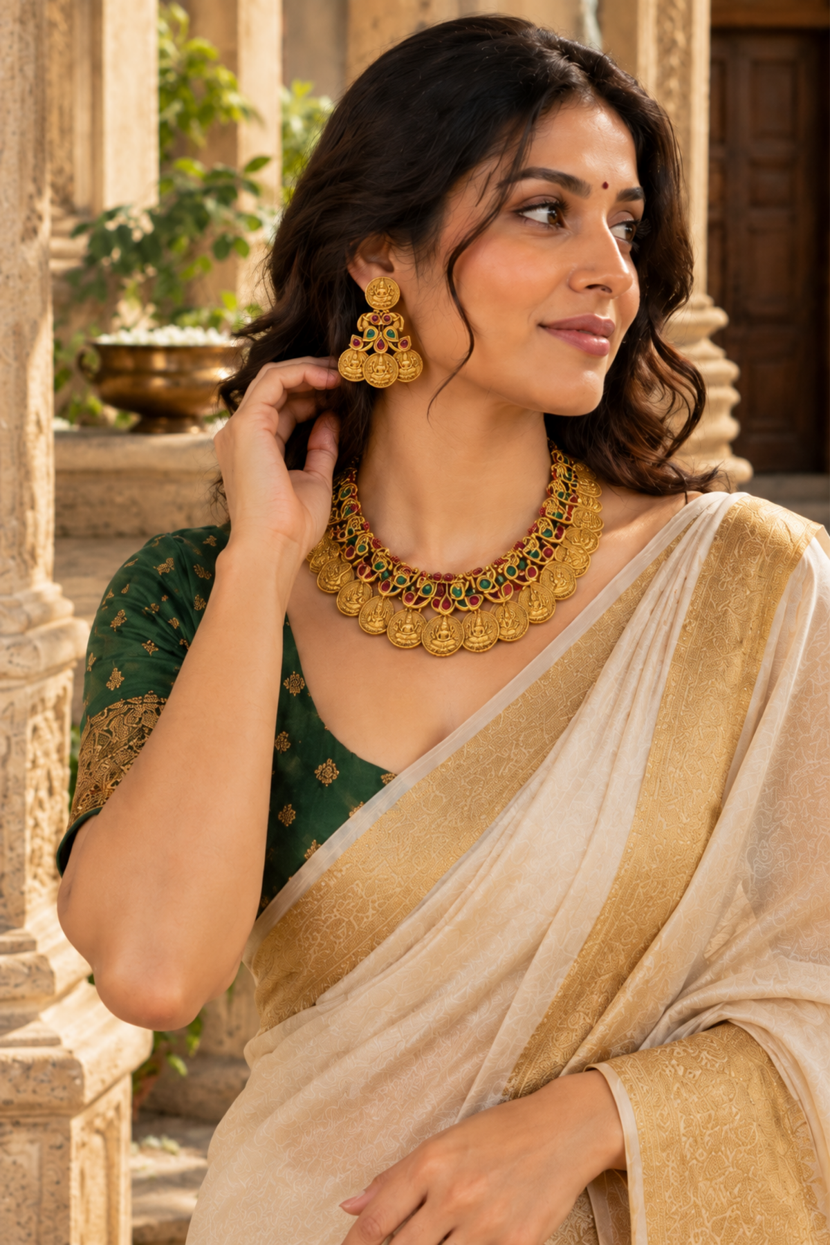 Antique Gold Temple Necklace & Earring Set