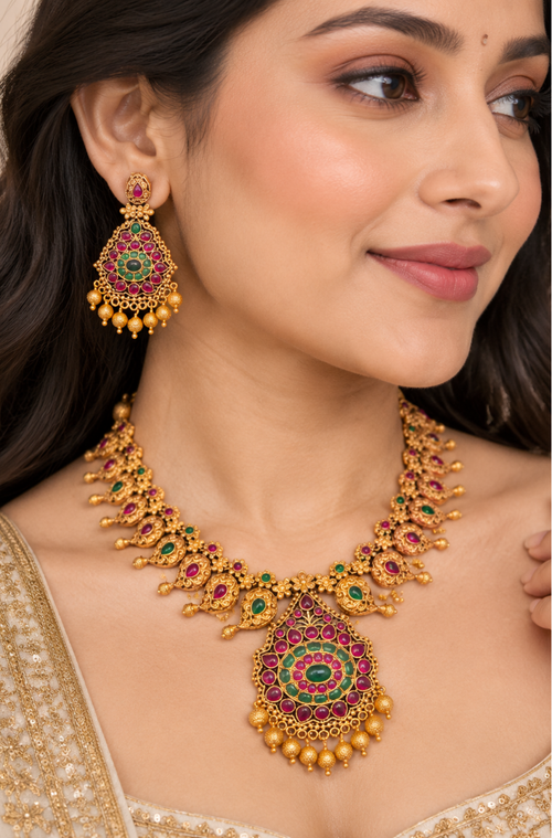 Antique Gold Multicolor Kundan Necklace & Earring Set
