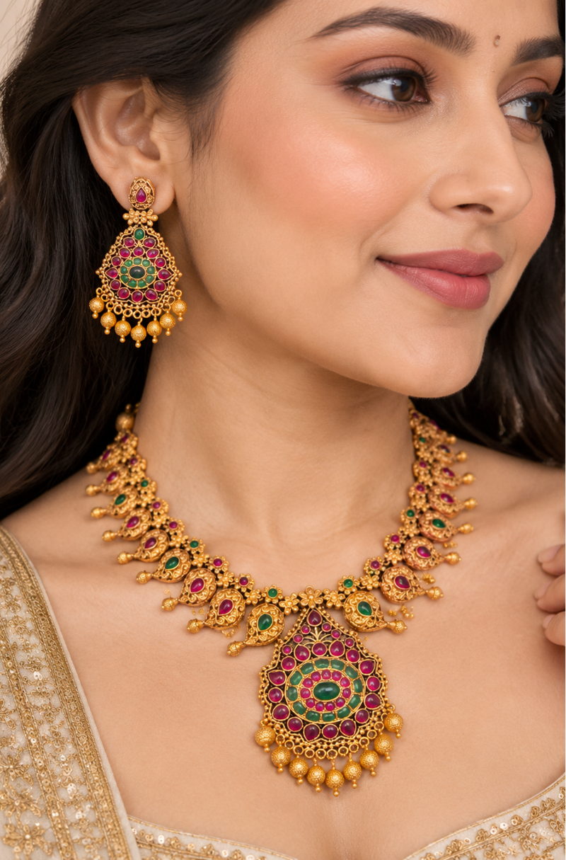 Antique Gold Multicolor Kundan Necklace & Earring Set