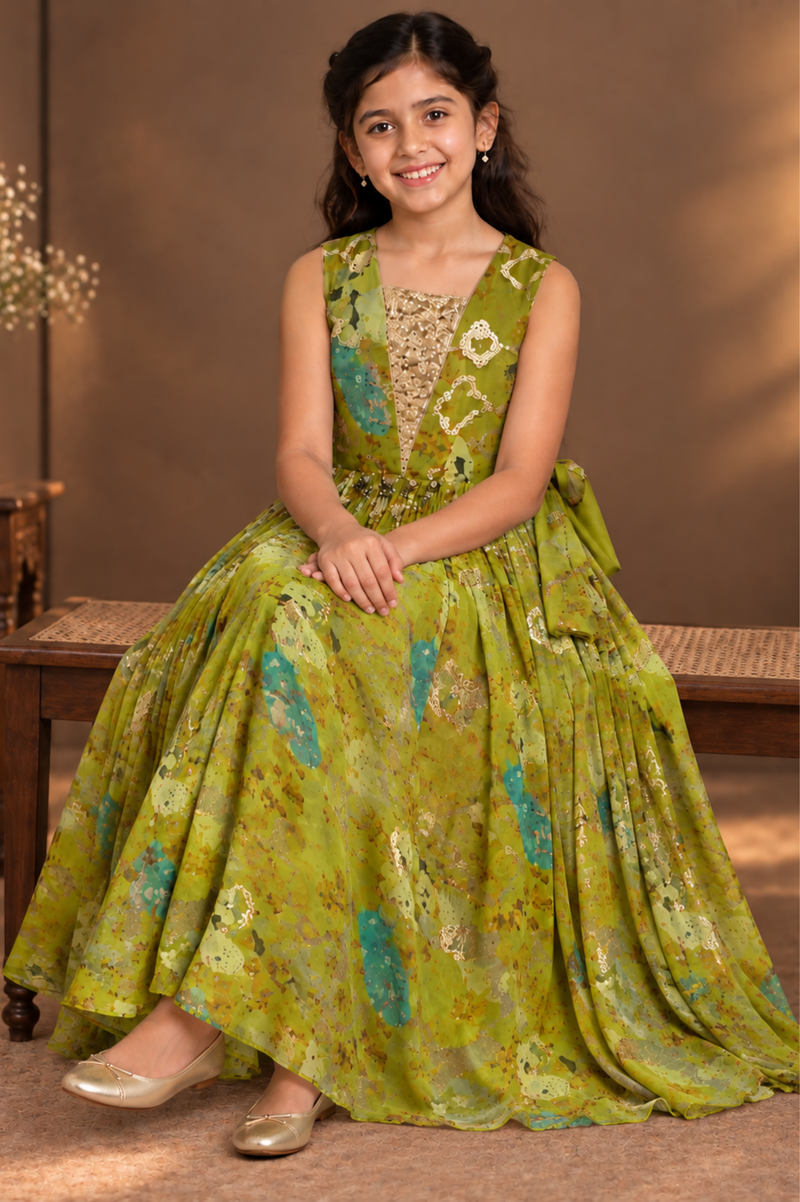 Olive Green Printed Girls’ Anarkali Dress