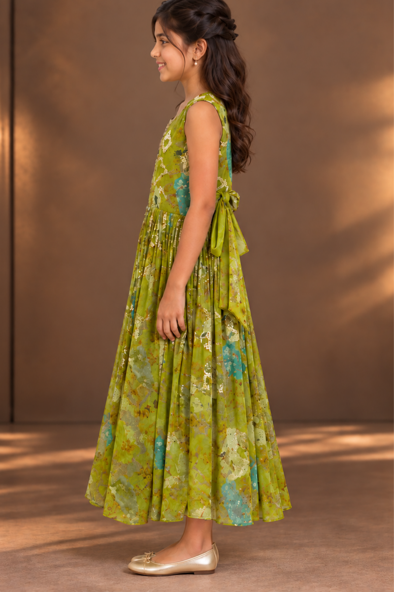 Olive Green Printed Girls’ Anarkali Dress