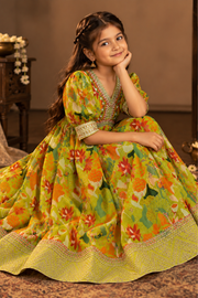 Olive Green Floral Printed Girls’ Anarkali Dress