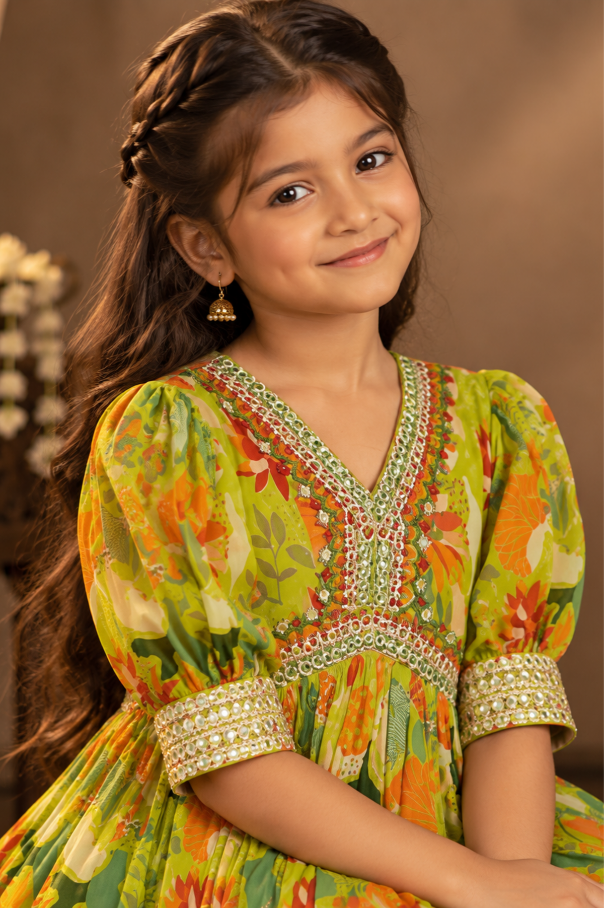 Olive Green Floral Printed Girls’ Anarkali Dress