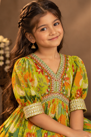 Olive Green Floral Printed Girls’ Anarkali Dress