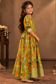 Olive Green Floral Printed Girls’ Anarkali Dress
