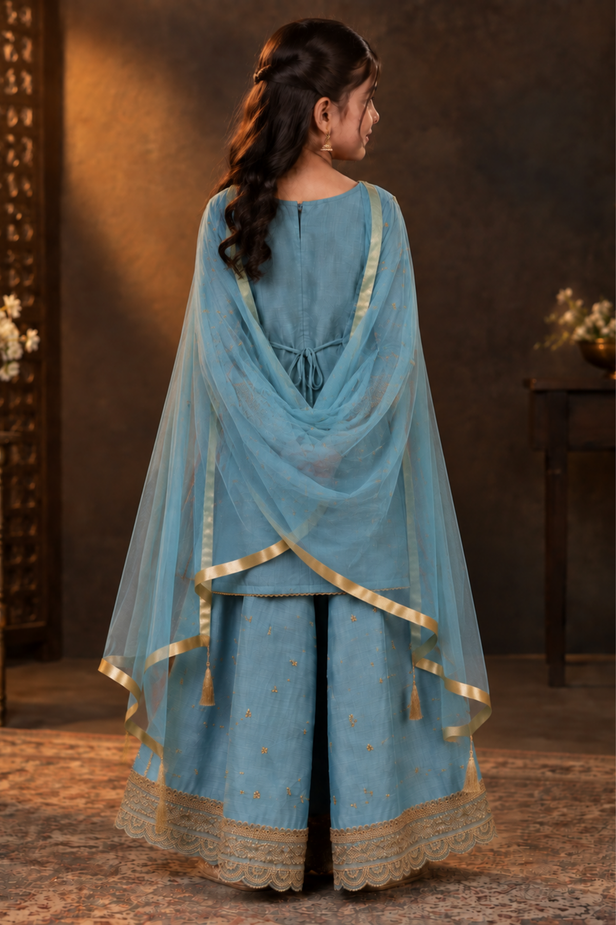 Powder Blue Embroidered Sharara Set For Girls