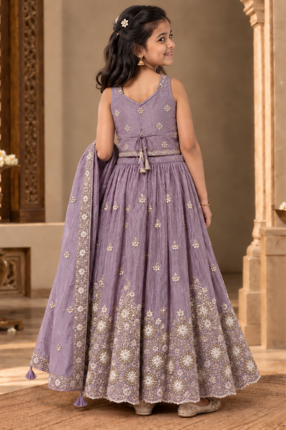 Lavender Embroidered Lehenga Set For Girls