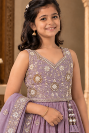 Lavender Embroidered Lehenga Set For Girls