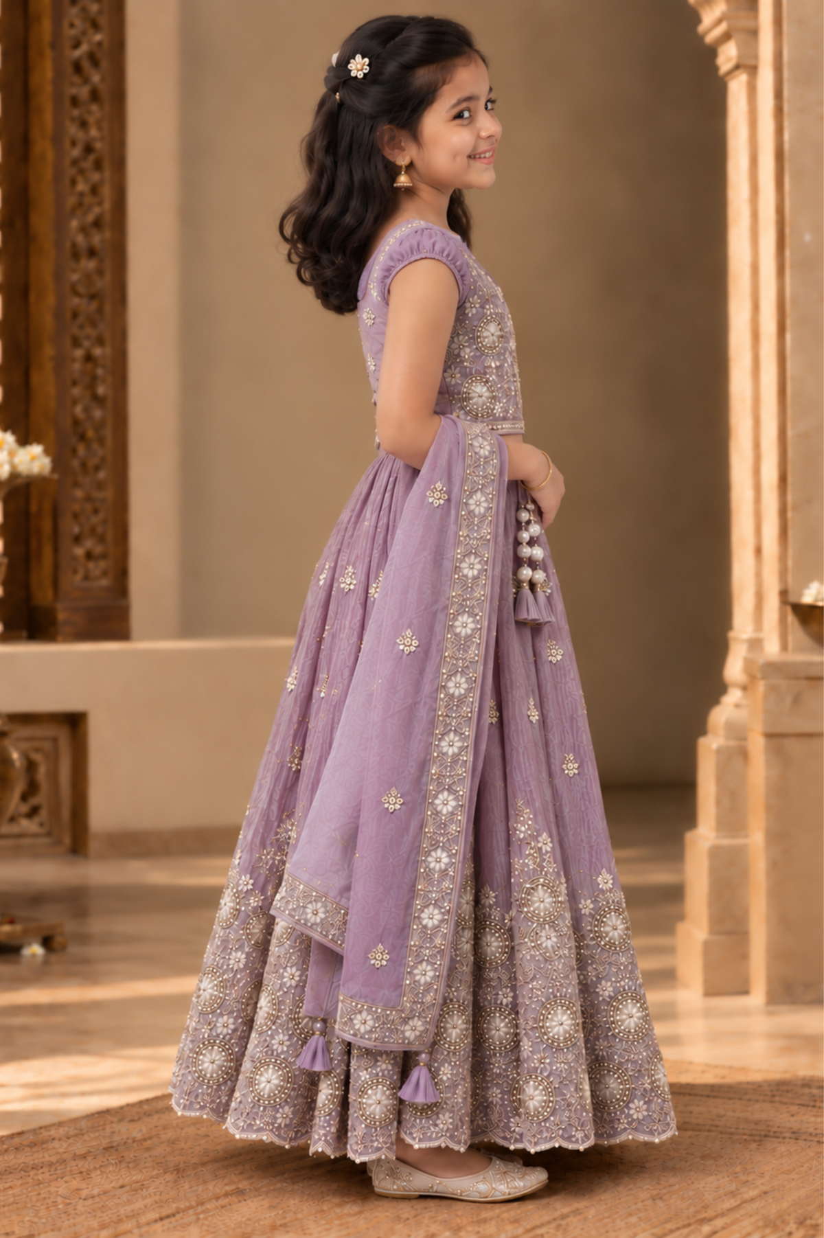 Lavender Embroidered Lehenga Set For Girls