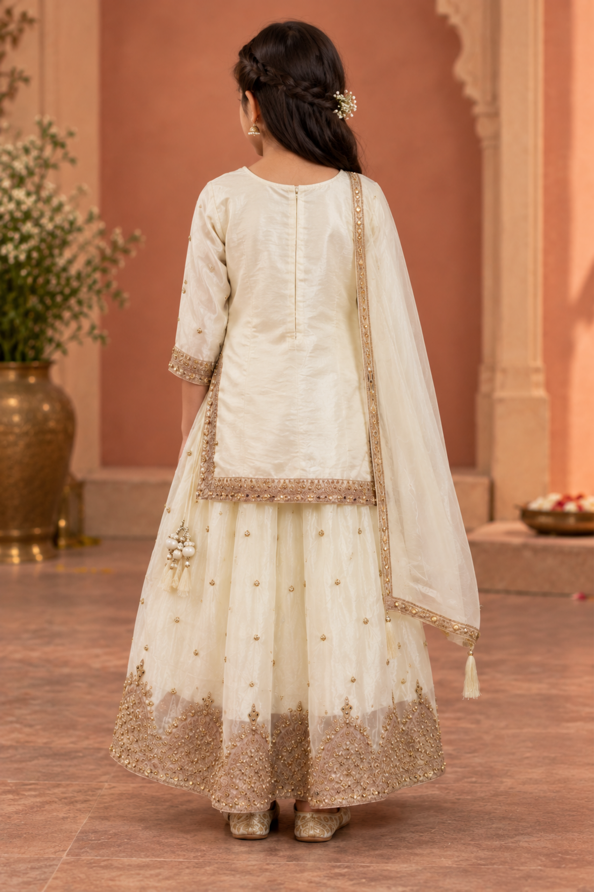 Ivory Embroidered Sharara Set For Girls