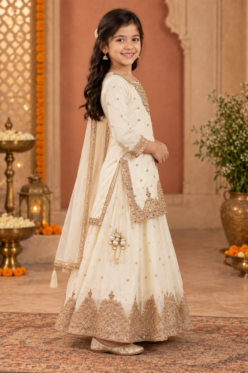Ivory Embroidered Sharara Set For Girls
