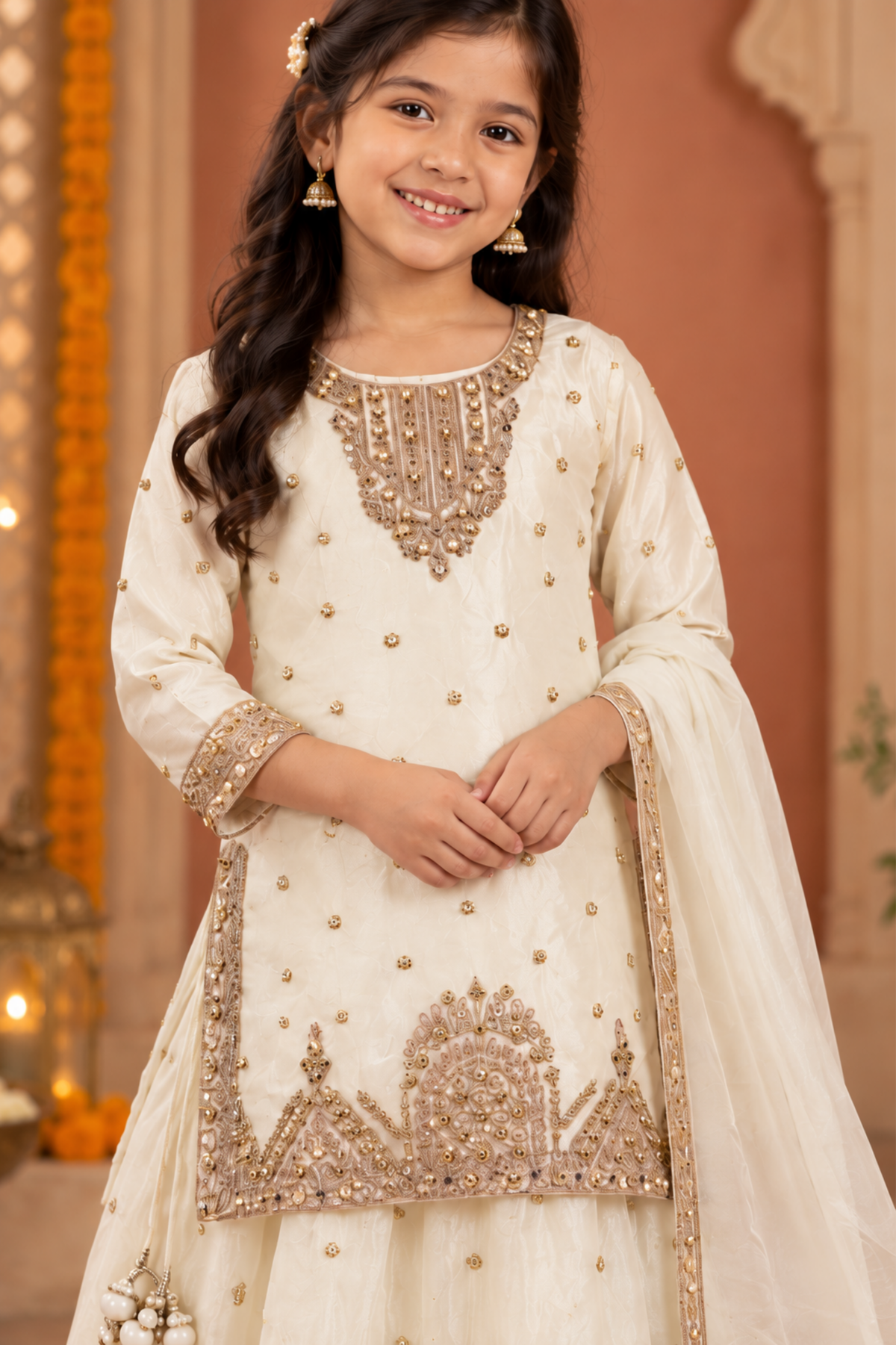 Ivory Embroidered Sharara Set For Girls