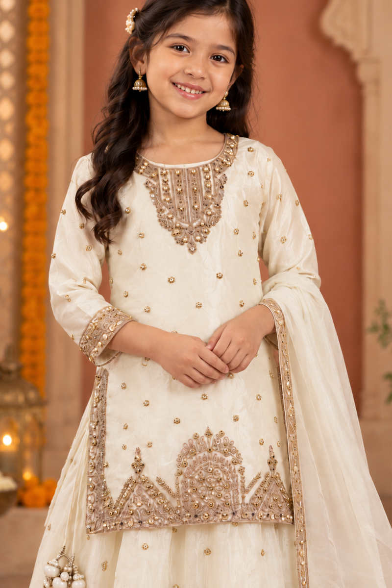 Ivory Embroidered Sharara Set For Girls