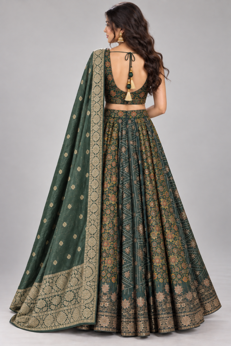 Forest Green Embroidered Lehenga Set With Draped Dupatta