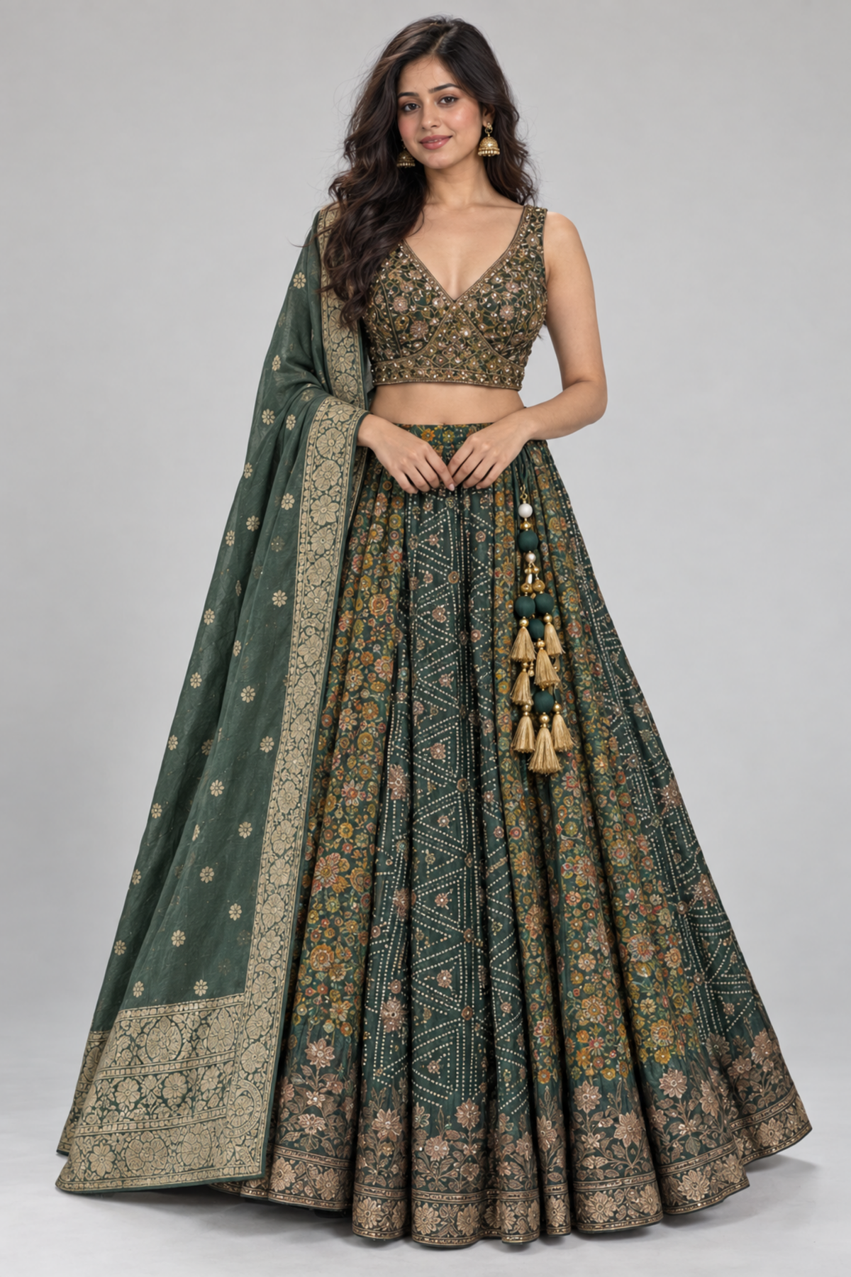 Forest Green Embroidered Lehenga Set With Draped Dupatta