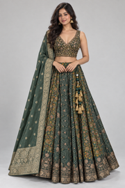 Forest Green Embroidered Lehenga Set With Draped Dupatta