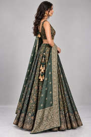 Forest Green Embroidered Lehenga Set With Draped Dupatta