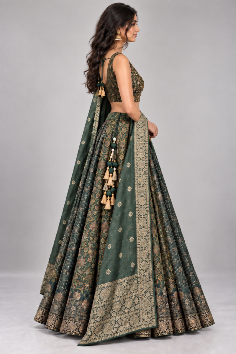 Forest Green Embroidered Lehenga Set With Draped Dupatta