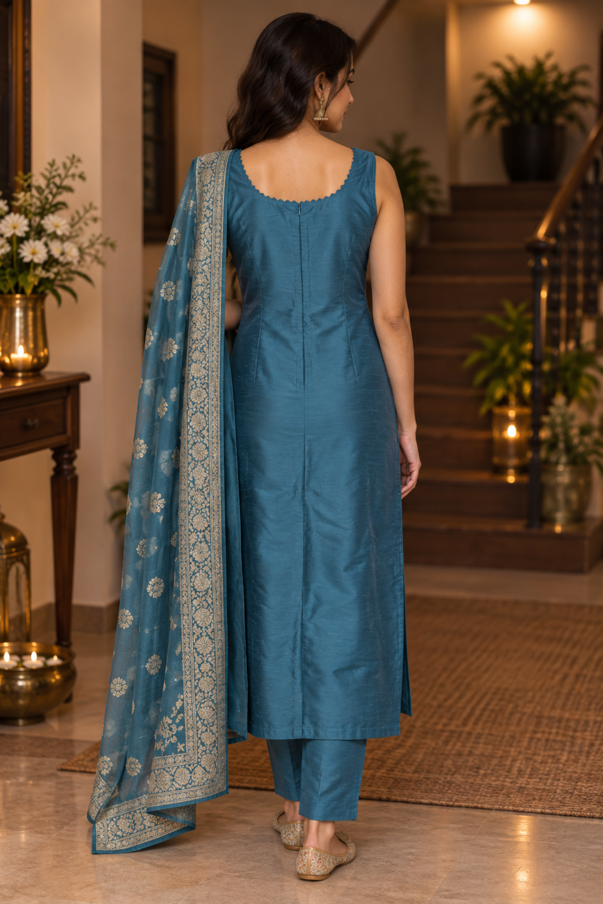 Teal Blue Jacquard Kurta Set With Embroidered Dupatta