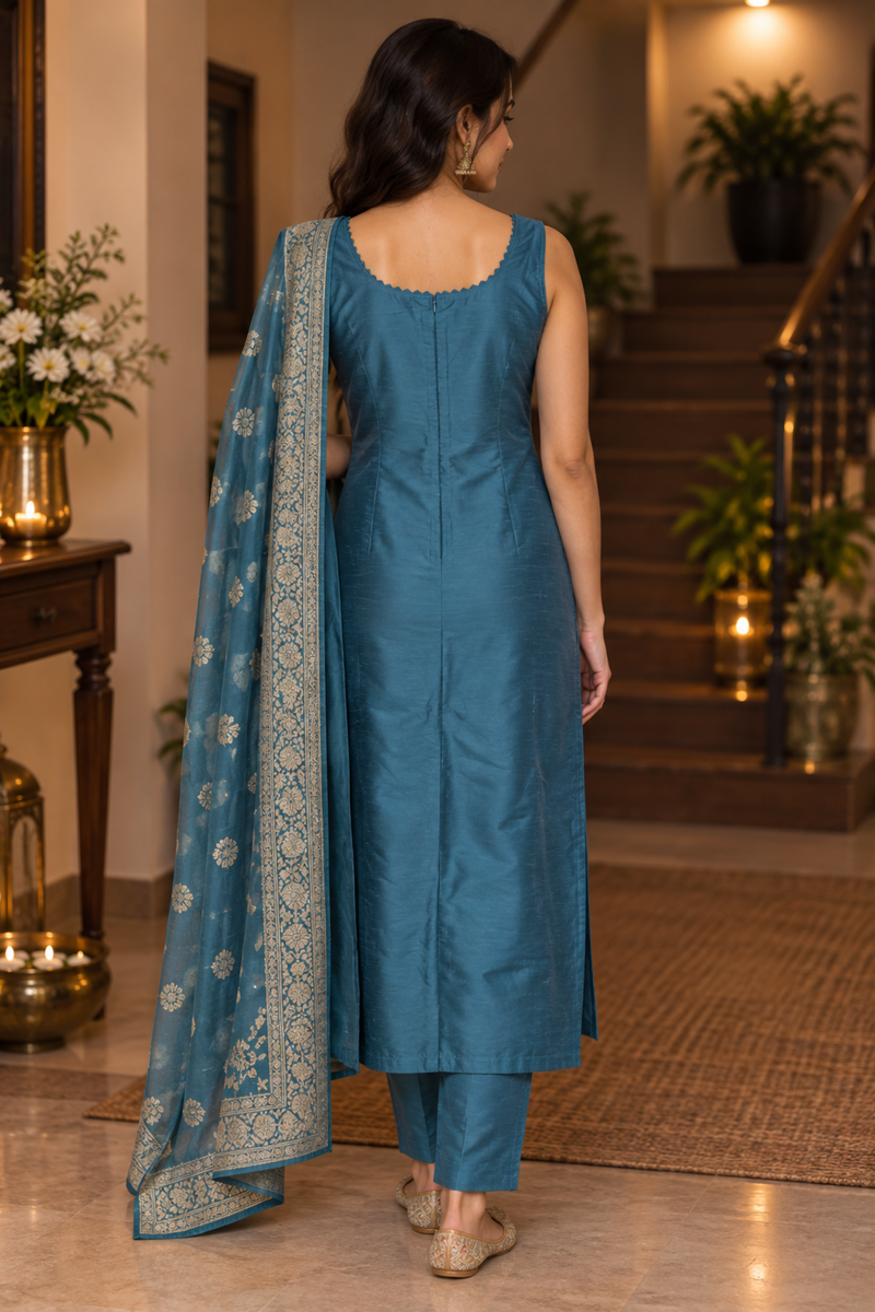 Teal Blue Jacquard Kurta Set With Embroidered Dupatta