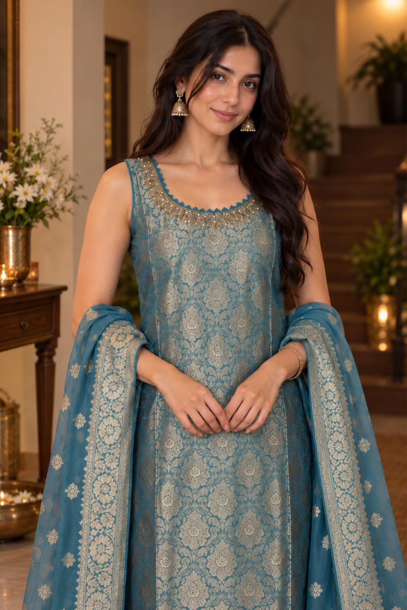 Teal Blue Jacquard Kurta Set With Embroidered Dupatta