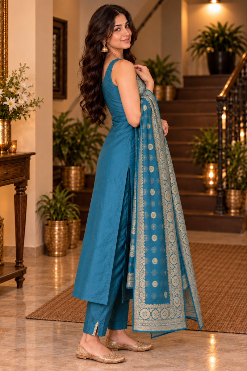 Teal Blue Jacquard Kurta Set With Embroidered Dupatta