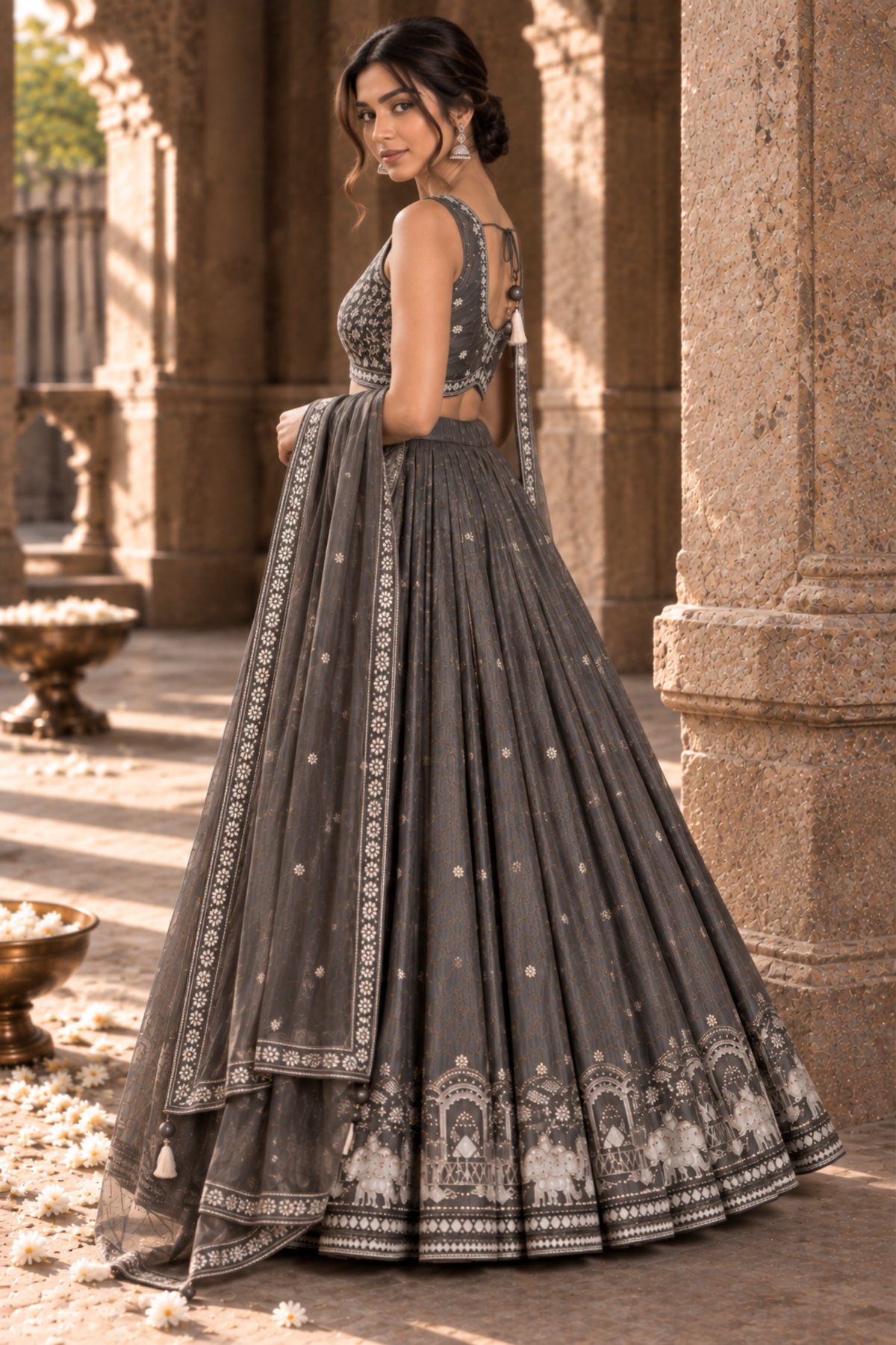Charcoal Grey Embroidered Lehenga Set With Draped Dupatta