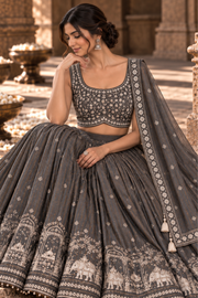 Charcoal Grey Embroidered Lehenga Set With Draped Dupatta