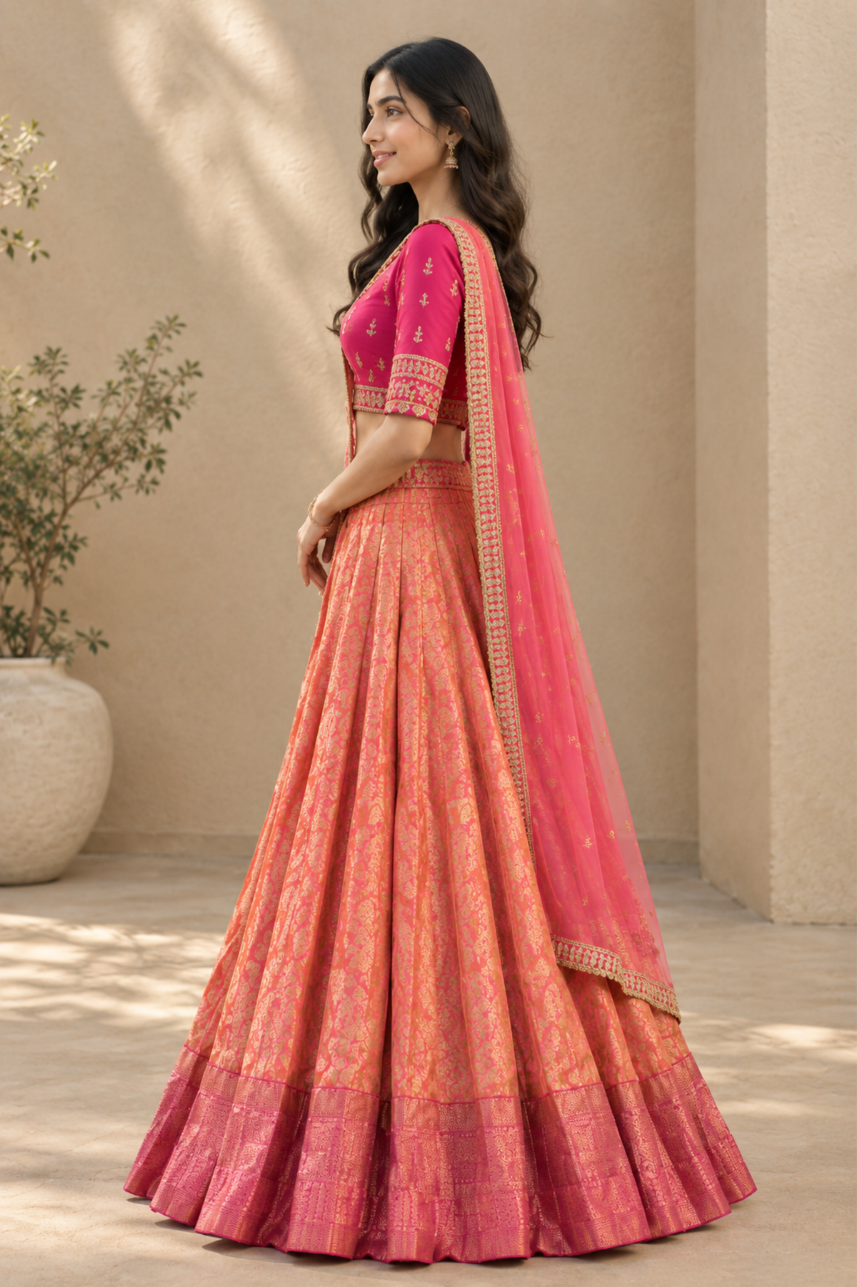 Coral Pink Embroidered Lehenga Set With Draped Dupatta