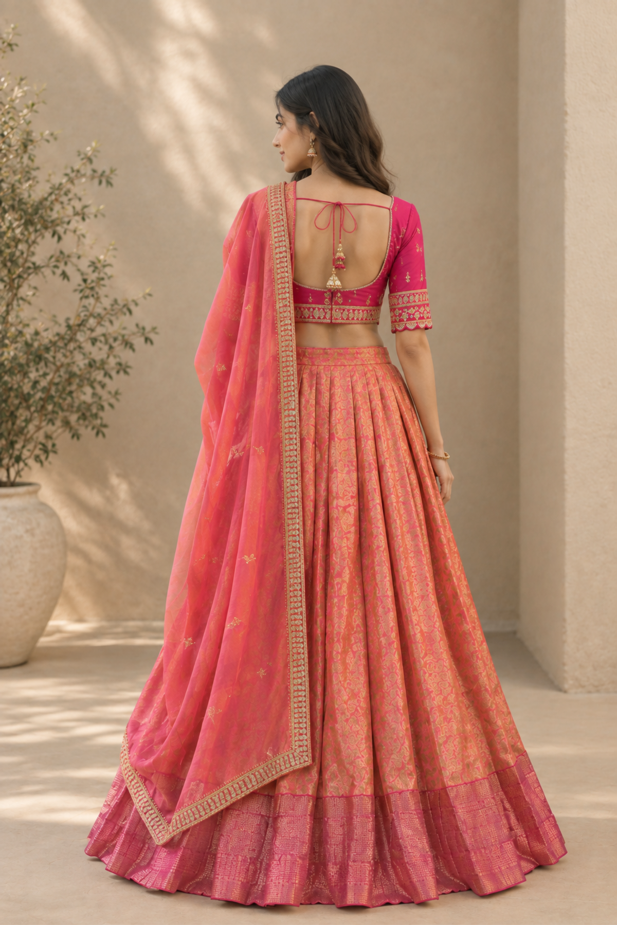Coral Pink Embroidered Lehenga Set With Draped Dupatta