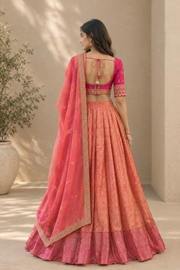 Coral Pink Embroidered Lehenga Set With Draped Dupatta