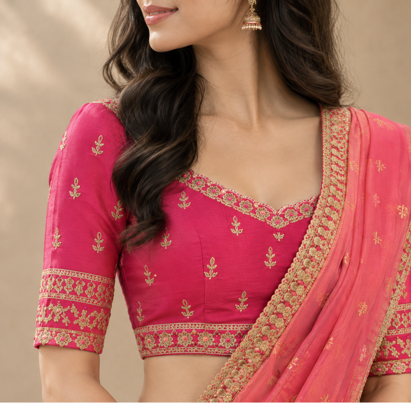 Coral Pink Embroidered Lehenga Set With Draped Dupatta