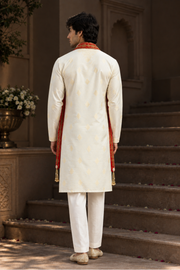 Ivory Embroidered Kurta Set With Red Patterned Stole