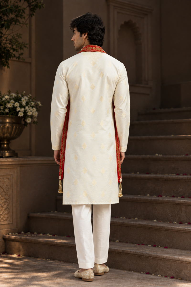 Ivory Embroidered Kurta Set With Red Patterned Stole