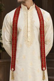 Ivory Embroidered Kurta Set With Red Patterned Stole