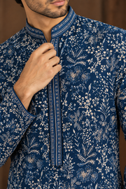 Midnight Blue Floral Embroidered Kurta Set With White Trousers