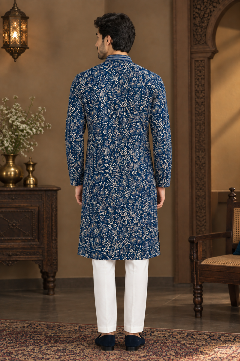 Midnight Blue Floral Embroidered Kurta Set With White Trousers