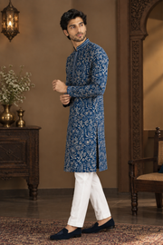 Midnight Blue Floral Embroidered Kurta Set With White Trousers