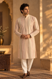 Ivory Textured Striped Kurta Set With Pastel Detailing