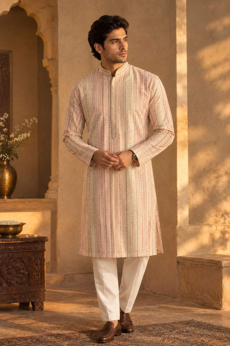 Ivory Textured Striped Kurta Set With Pastel Detailing