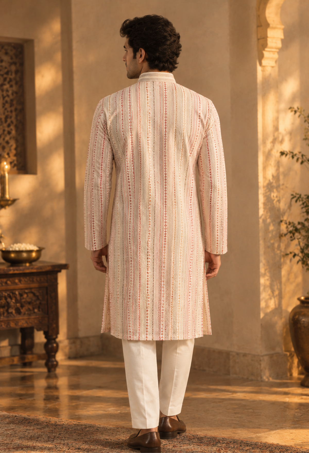 Ivory Textured Striped Kurta Set With Pastel Detailing