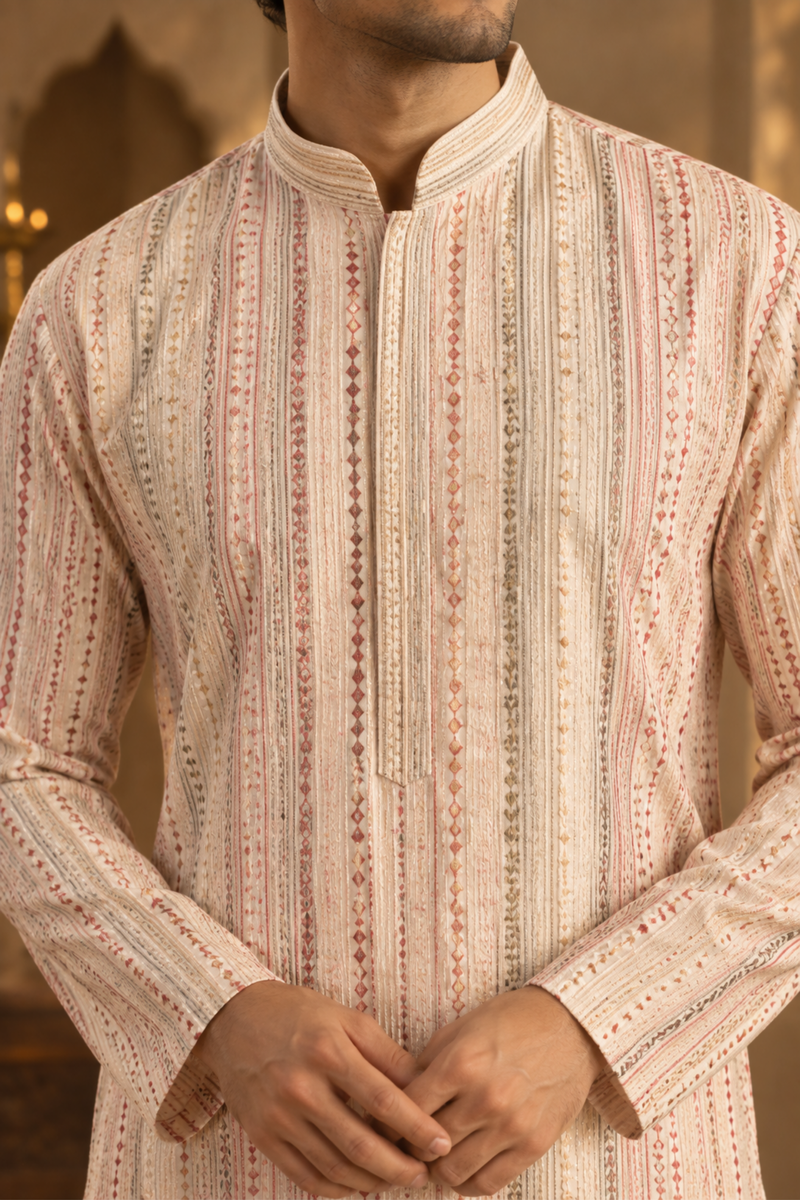 Ivory Textured Striped Kurta Set With Pastel Detailing