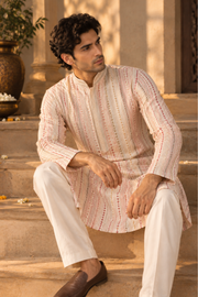 Ivory Textured Striped Kurta Set With Pastel Detailing