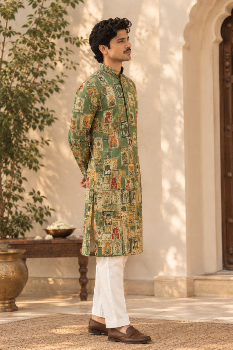 Olive Green Artisanal Printed Kurta Set