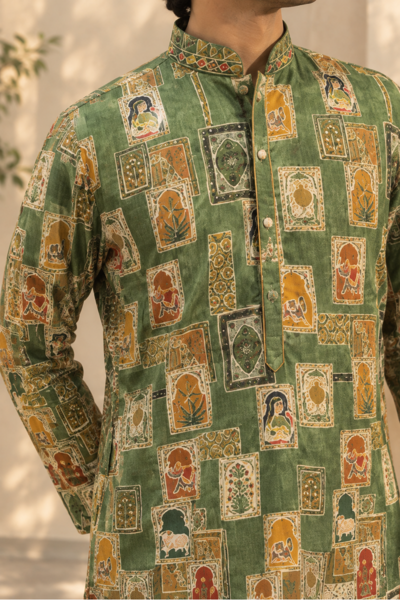 Olive Green Artisanal Printed Kurta Set